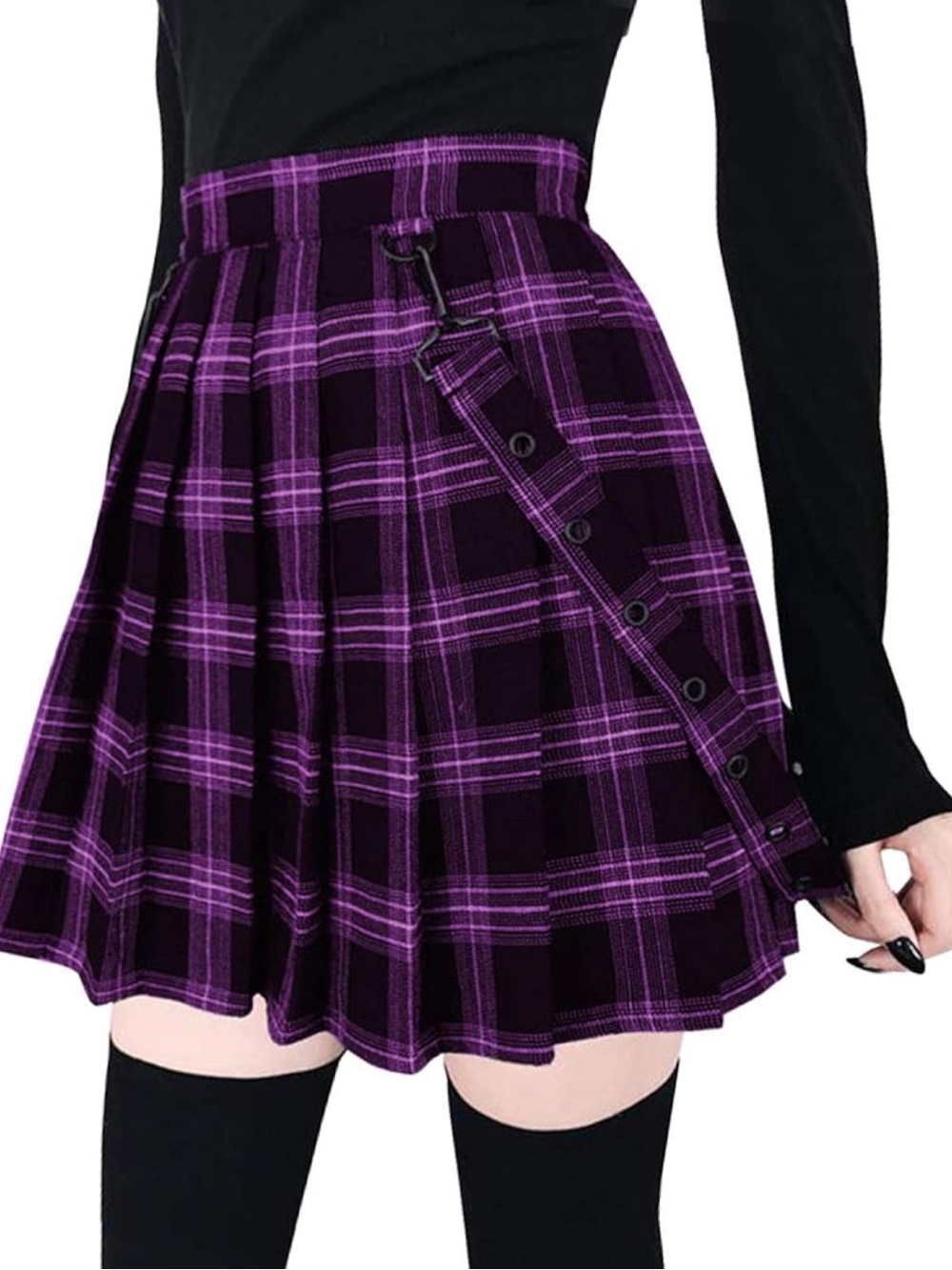 Purple Plaid Asymmetrical Mini Skirt with Strap Details XS
